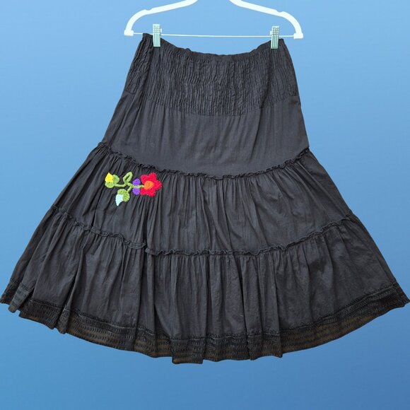 Y2K Black Floral Embroidered Midi Peasant Skirt Size M Whimsigoth Fairy Boho - Picture 7 of 8